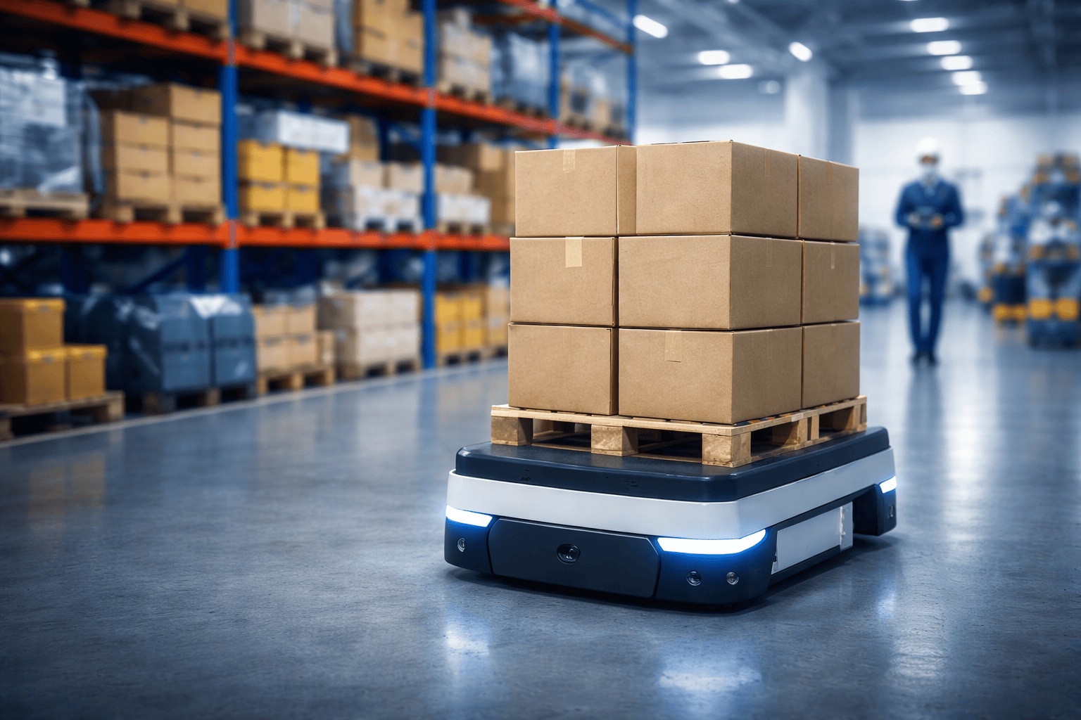 Automatización de logística interna mediante robots móviles para transporte de materiales y optimización de flujo.
