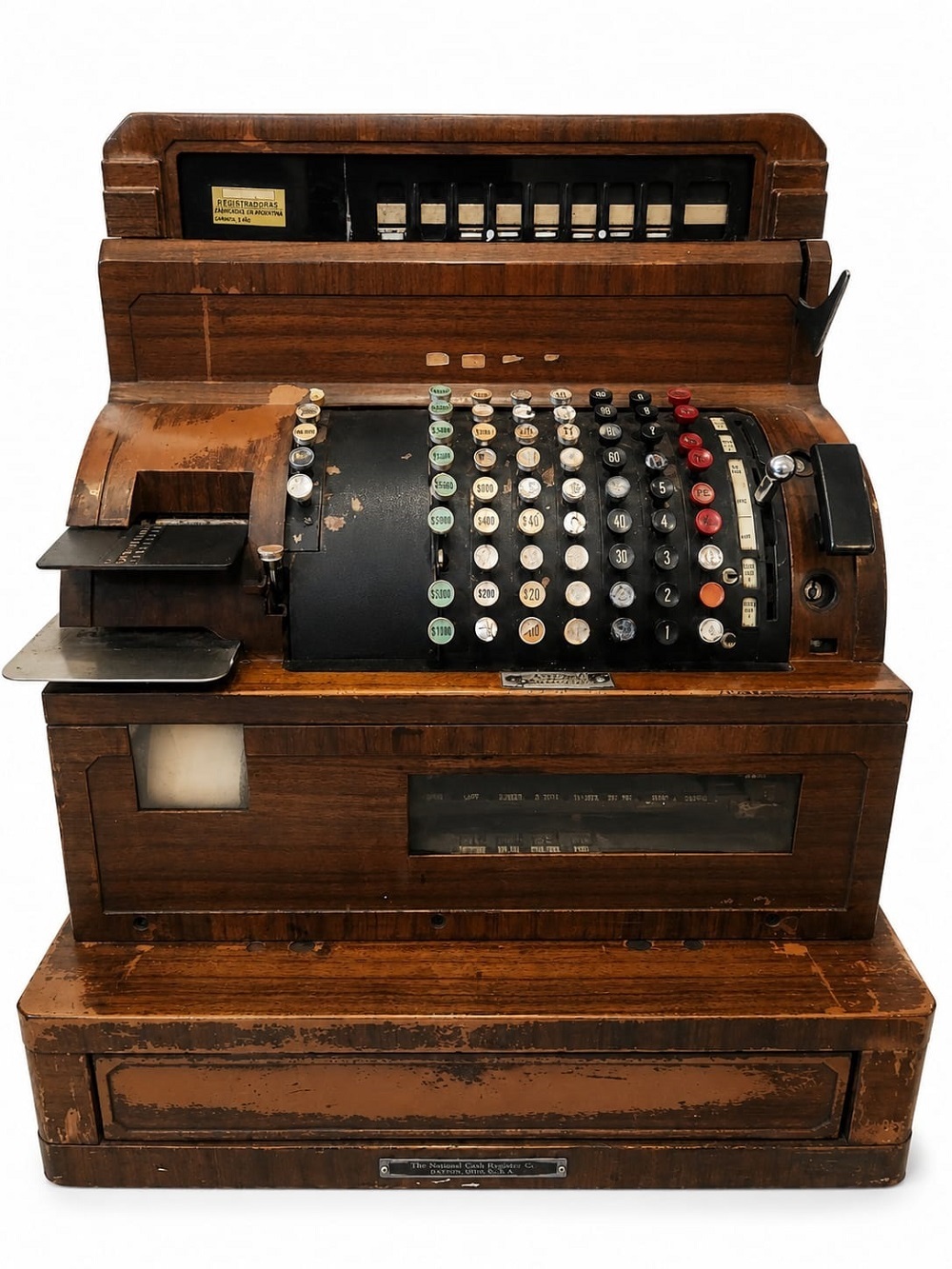 Caja registradora antigua de madera maciza, fabricada por The National Cash Register Company (NCR)