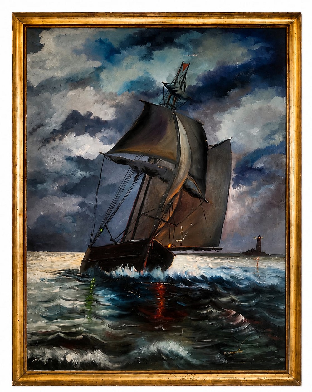 Título Cuadro Óleo Sobre Tela Marina Velero Tormenta 97x127 cm Con Marco